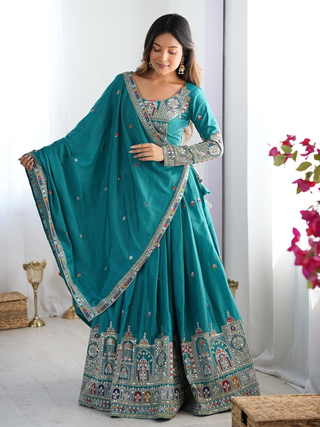 Pandadi Saree Embroidered Sequinned Semi-Stitched Lehenga & Unstitched Blouse With Dupatta