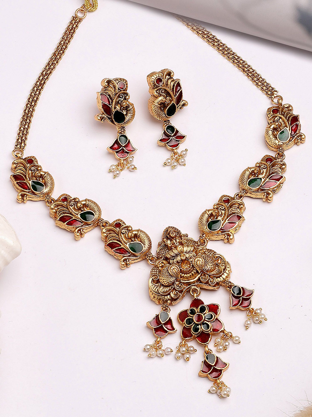 KARATCART Traditional Laxmi Mata Gold Plated Meenakari Temple Jewellery Set