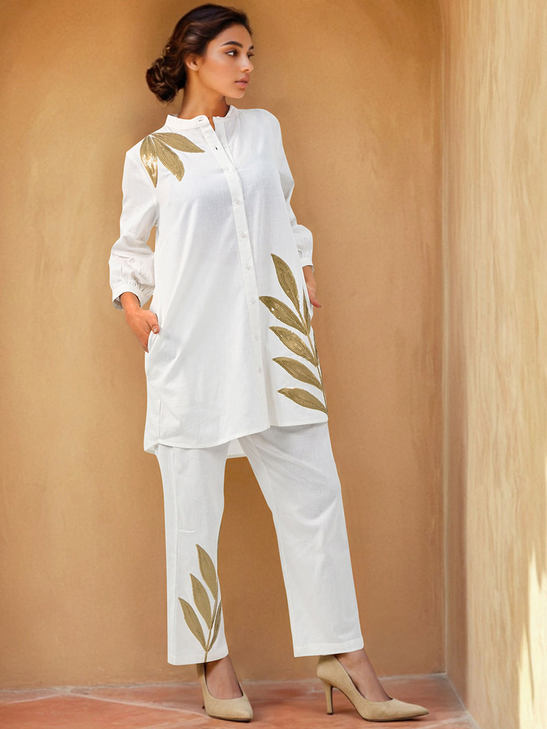 Zolo Label White & Golden Sequined Work White Co-Ord Set