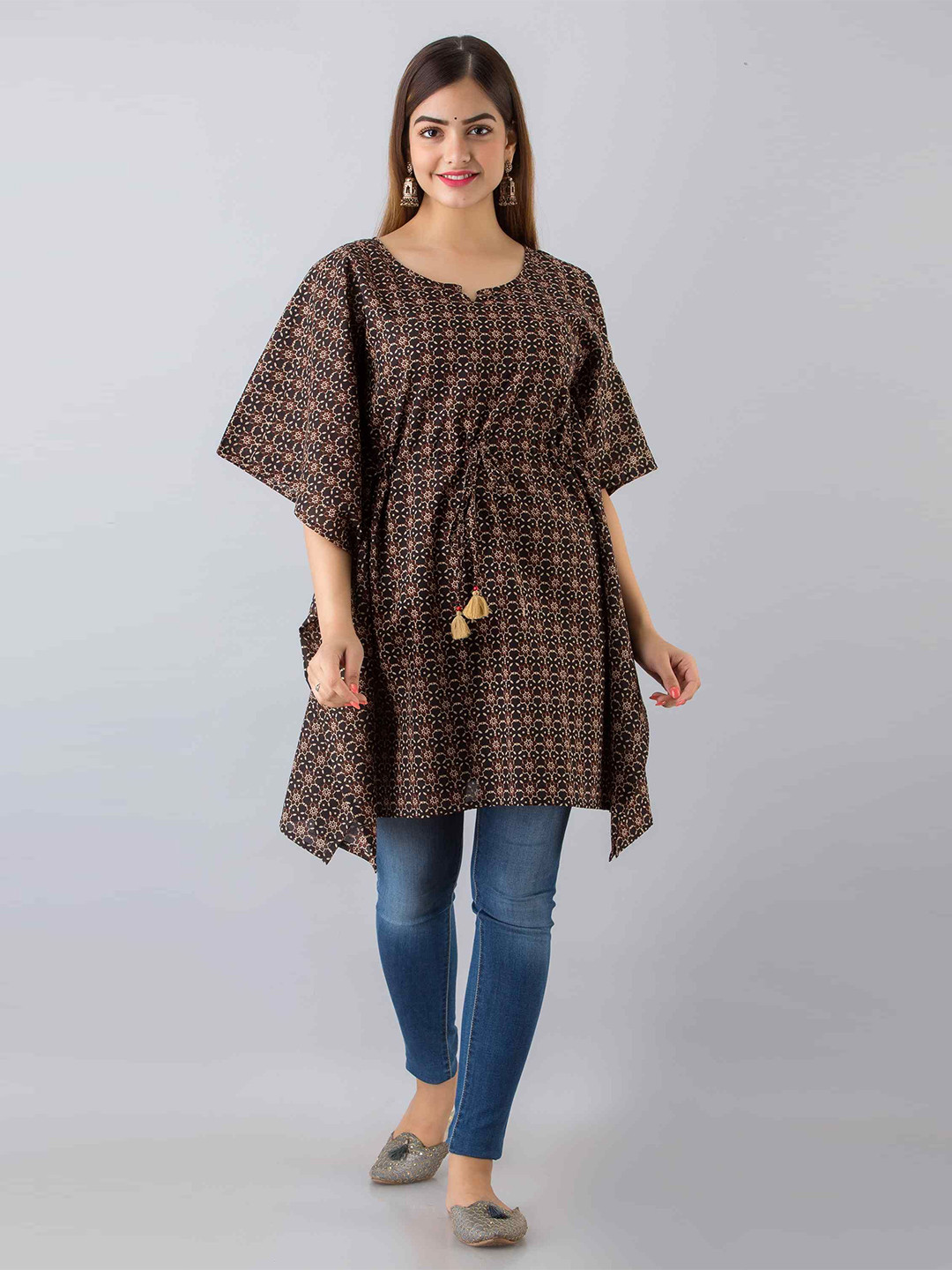 MissKurti Floral Print Kimono Sleeve Cotton Kaftan Top