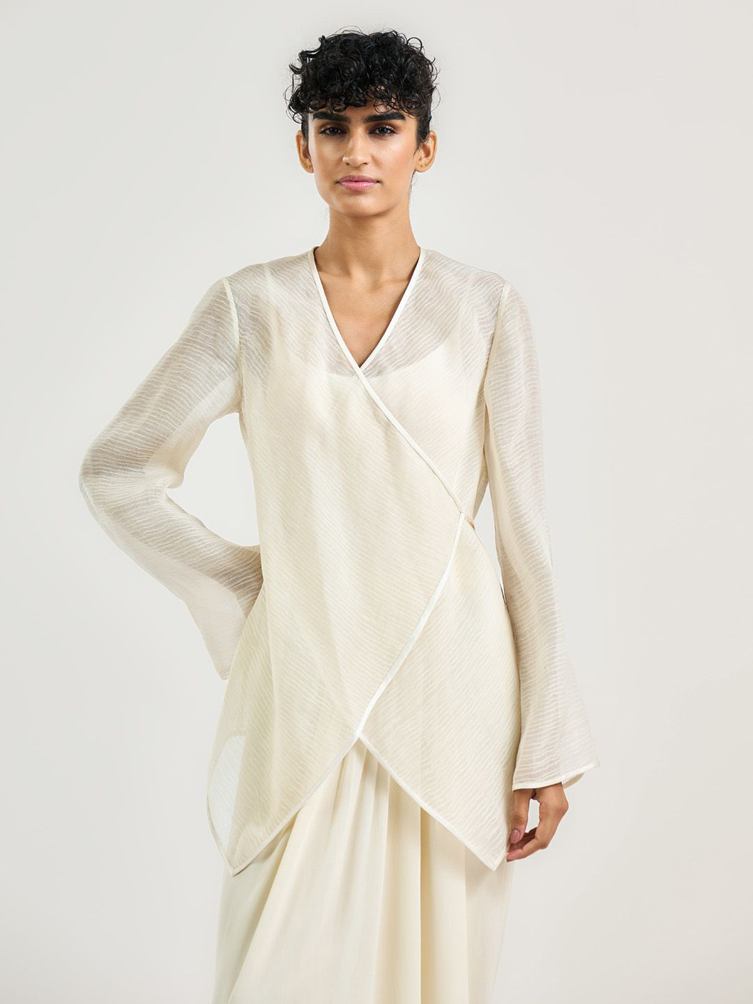 OTT Tarun Tahiliani Women V-Neck Long Sleeves Semi Sheer Wrap Top