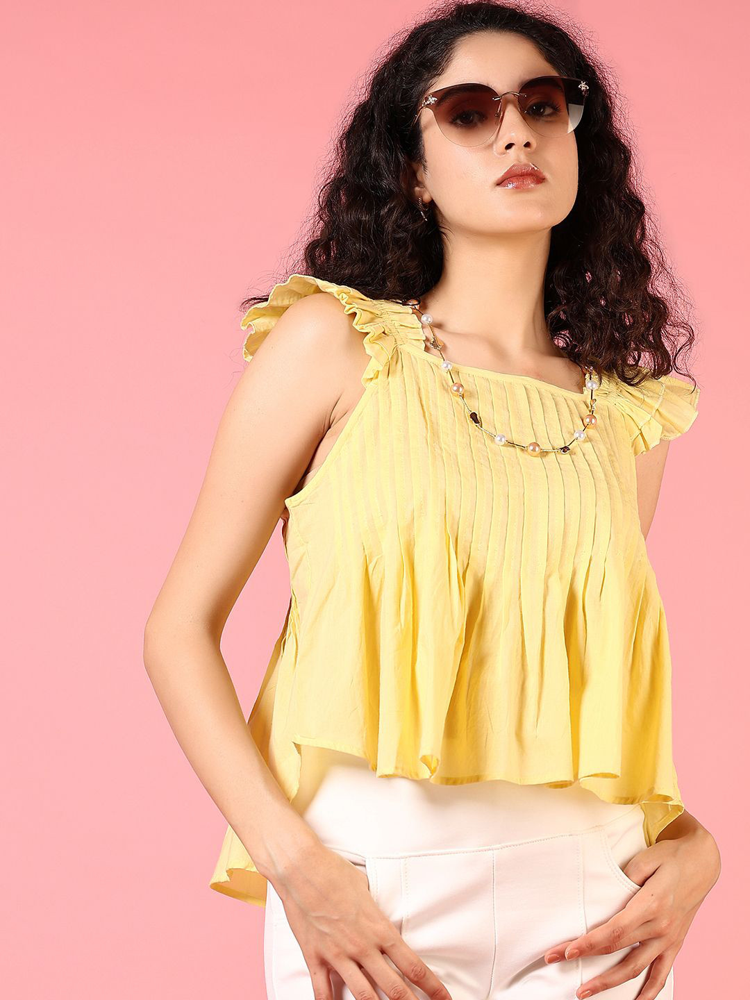 LIMEROAD Women Solid Gathered or Pleated Cotton High-Low Top