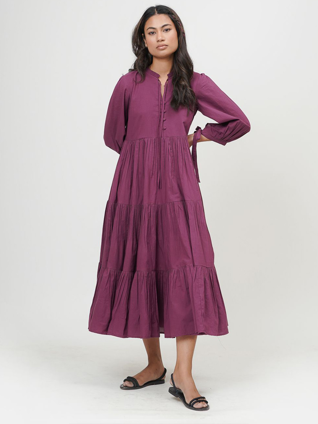 Tailor Didi Women Tie-Up Neck Puff Sleeve Layered Tiered Organic Cotton Empire Midi Dress
