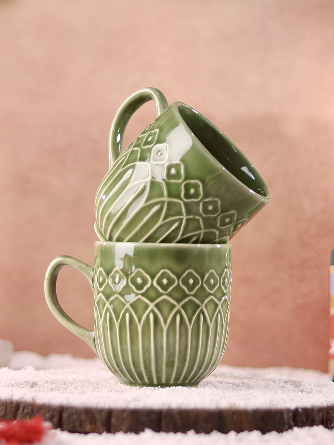 Olive Home Accents Couple Line Art Valentine Love Theme Green Ethnic Motifs Stoneware Handmade 2 Piece Mugs-300ml
