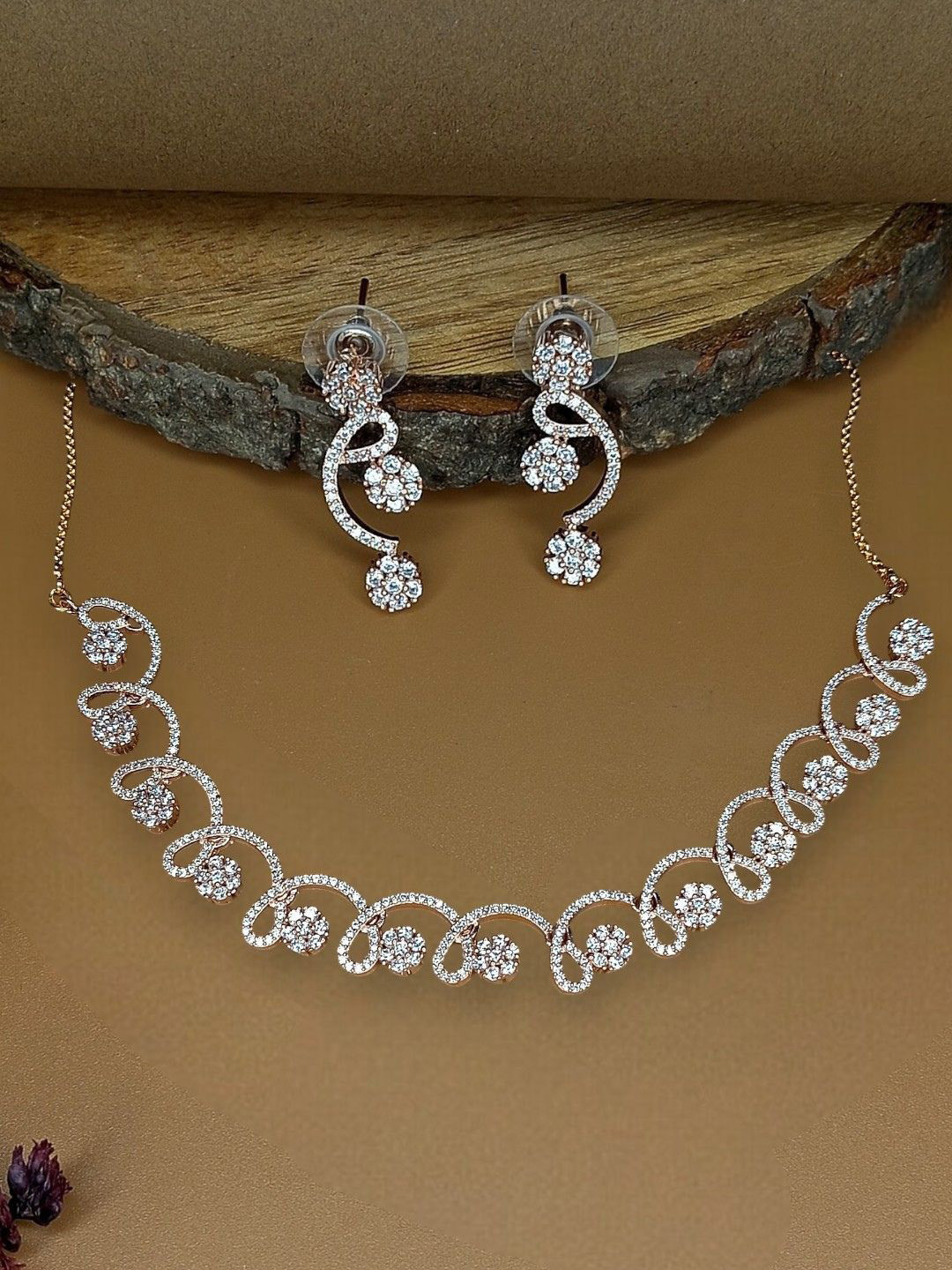 House of Pataudi Rose Gold-Plated American Diamond Studded Jewellery Set