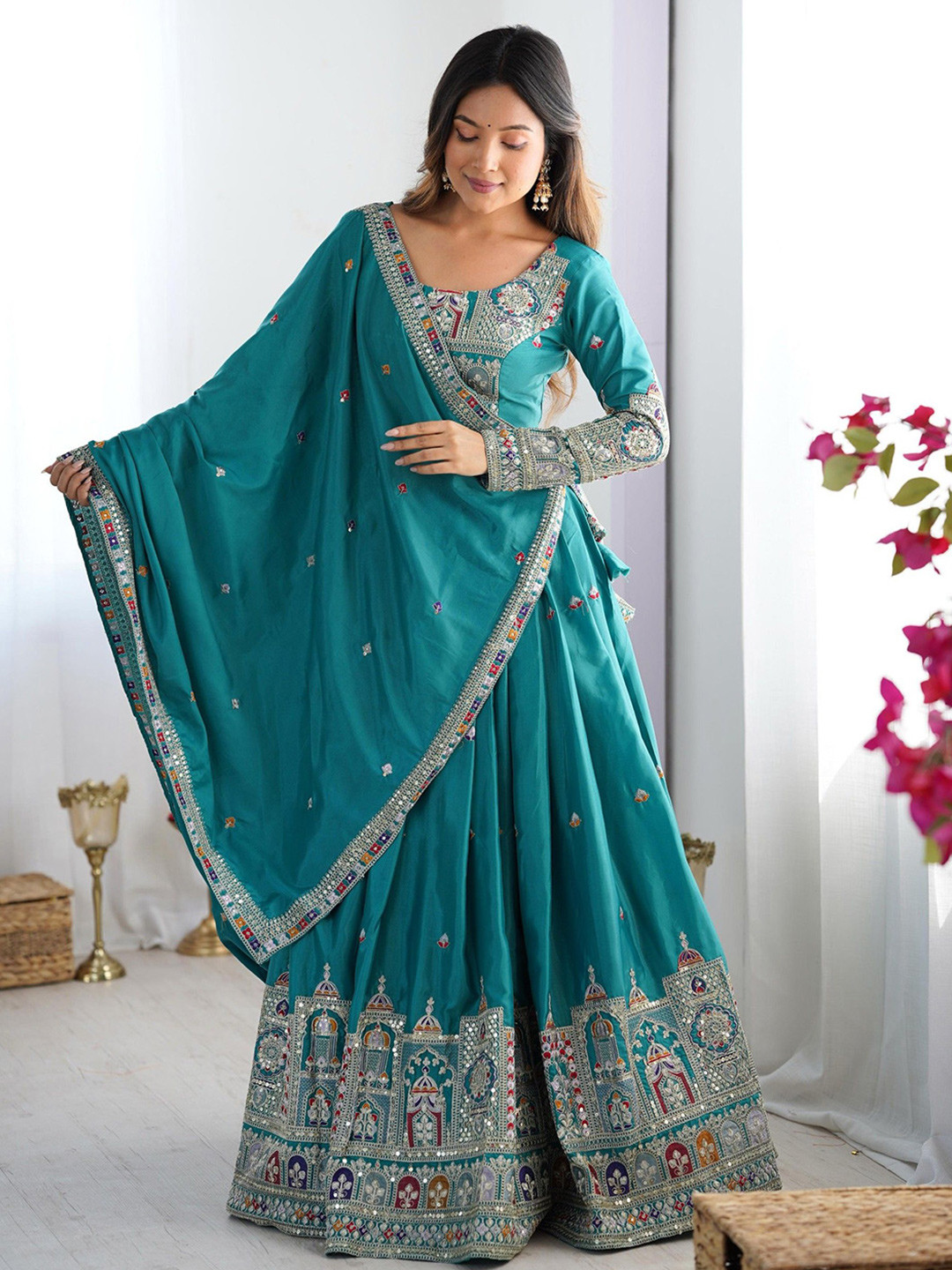 LeeliPeeri Designer Embroidered Sequinned Semi-Stitched Lehenga & Unstitched Blouse With Dupatta