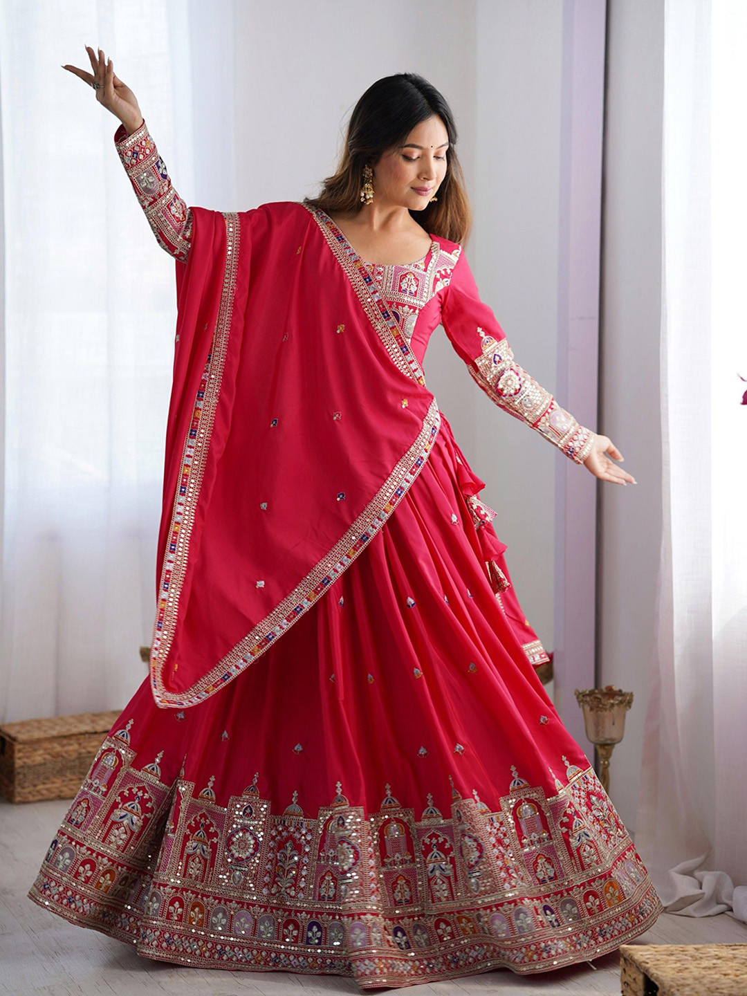 Pandadi Saree Embroidered Sequinned Semi-Stitched Lehenga & Unstitched Blouse With Dupatta