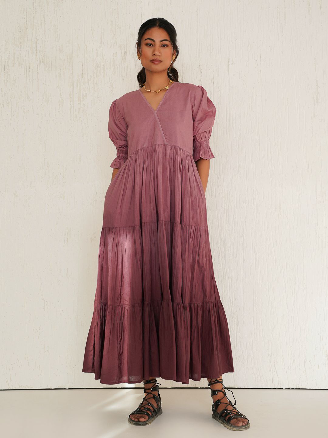 Tailor Didi Women Ombre Dyed Puff Sleeves Fit & Flare Ombre Wrap Midi Tiered Dress