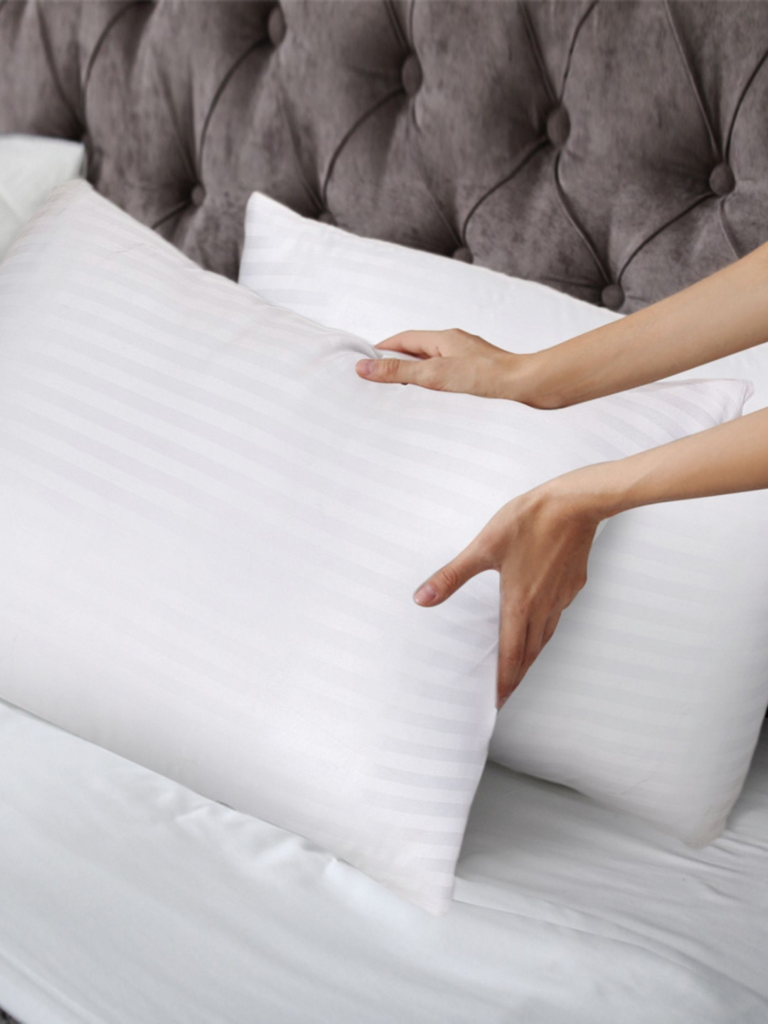 SH Creation and Handlooms White Striped Polyester Adjustable Set of 2 Medium Fibre Sleep Pillow-60 x 40 x 10 cm