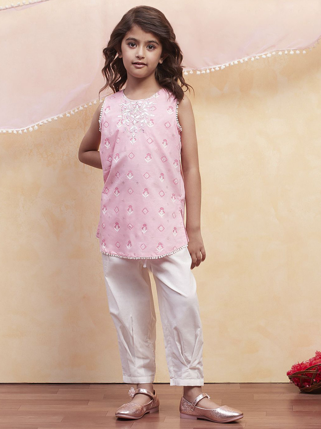 Biba Girls Floral Printed Thread Work Pure Cotton Straight Kurta With Salwar And Dupatta