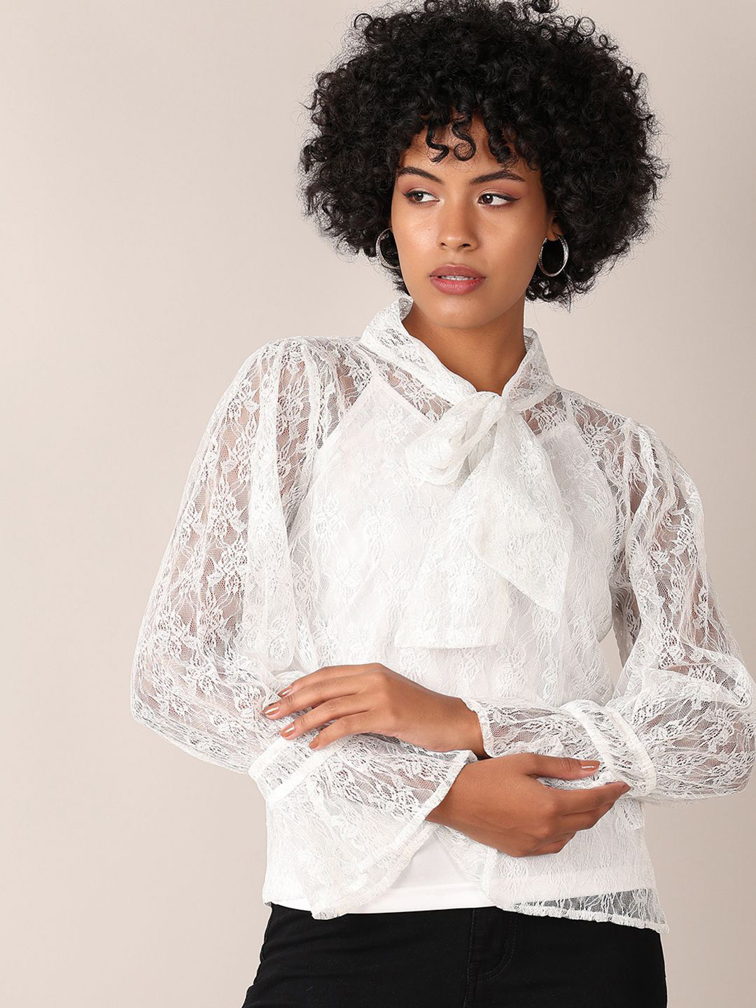 LIMEROAD V-Mart Women Self Design Tie-Up Neck Cotton Top