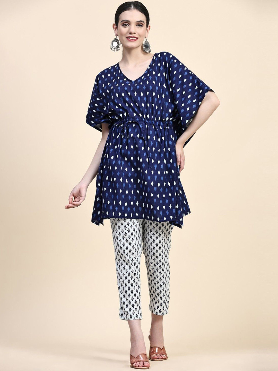 Navy Blue Ikat Printed Co-Ord Set with V-Neck Tunic