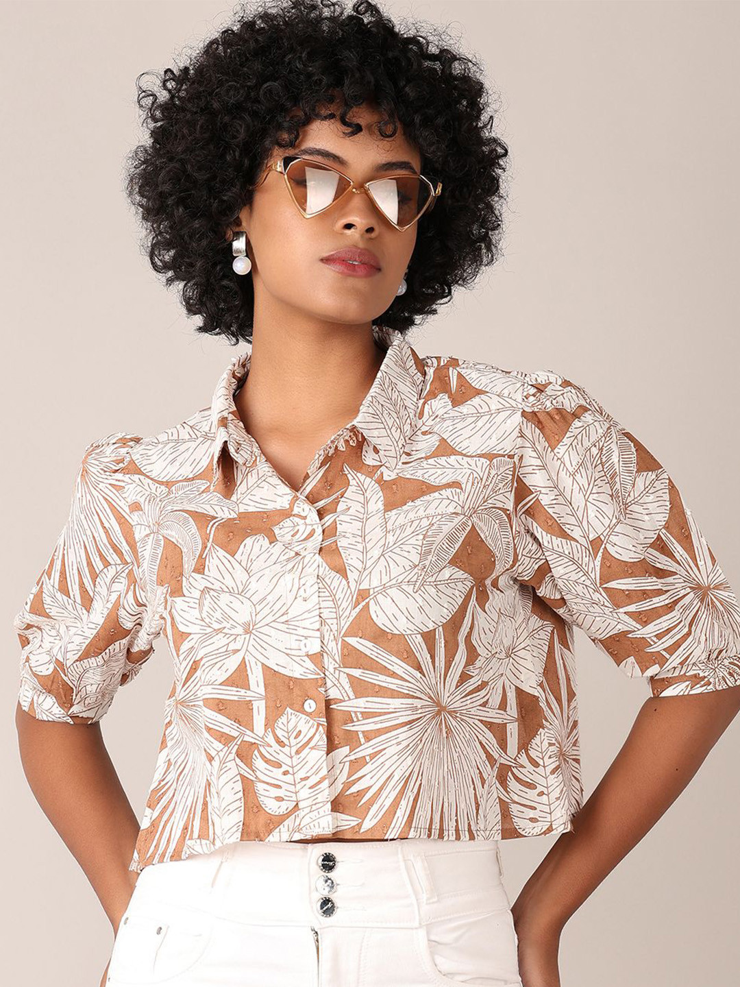 LIMEROAD Tropical Print Roll-Up Sleeves Cotton Top