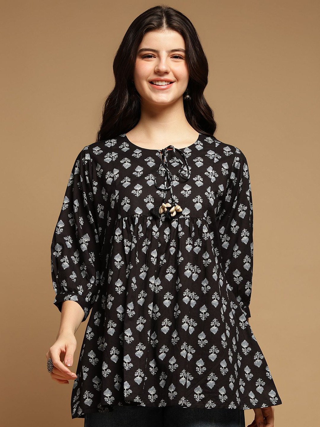 ARAVALII Women Floral Printed Lace-Up Regular Sleeves Casual Top