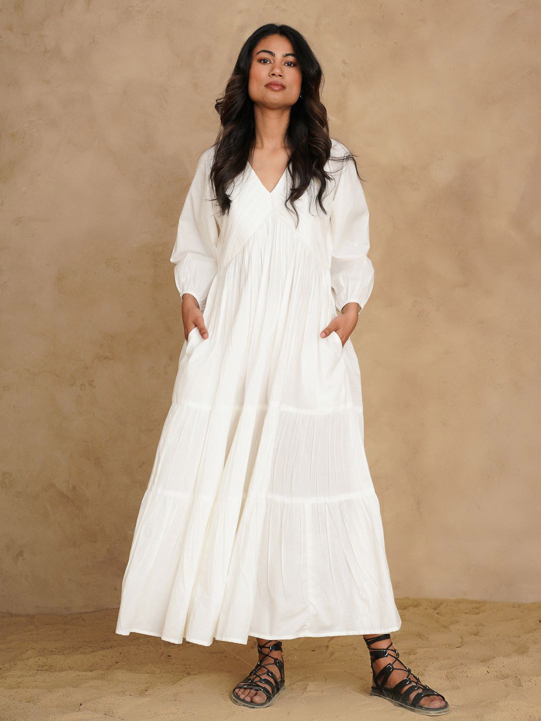 Tailor Didi Women Puff Sleeve Layered Organic Cotton Empire Maxi Dress