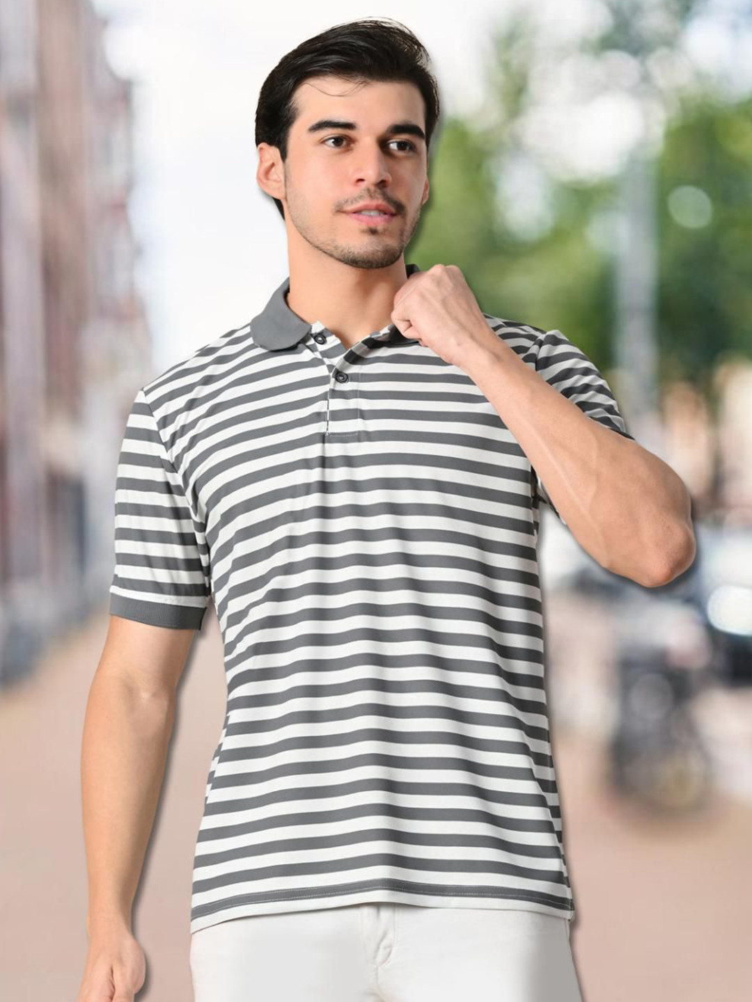 Unicus Apparel Men Striped Polo Collar Pockets T-shirt