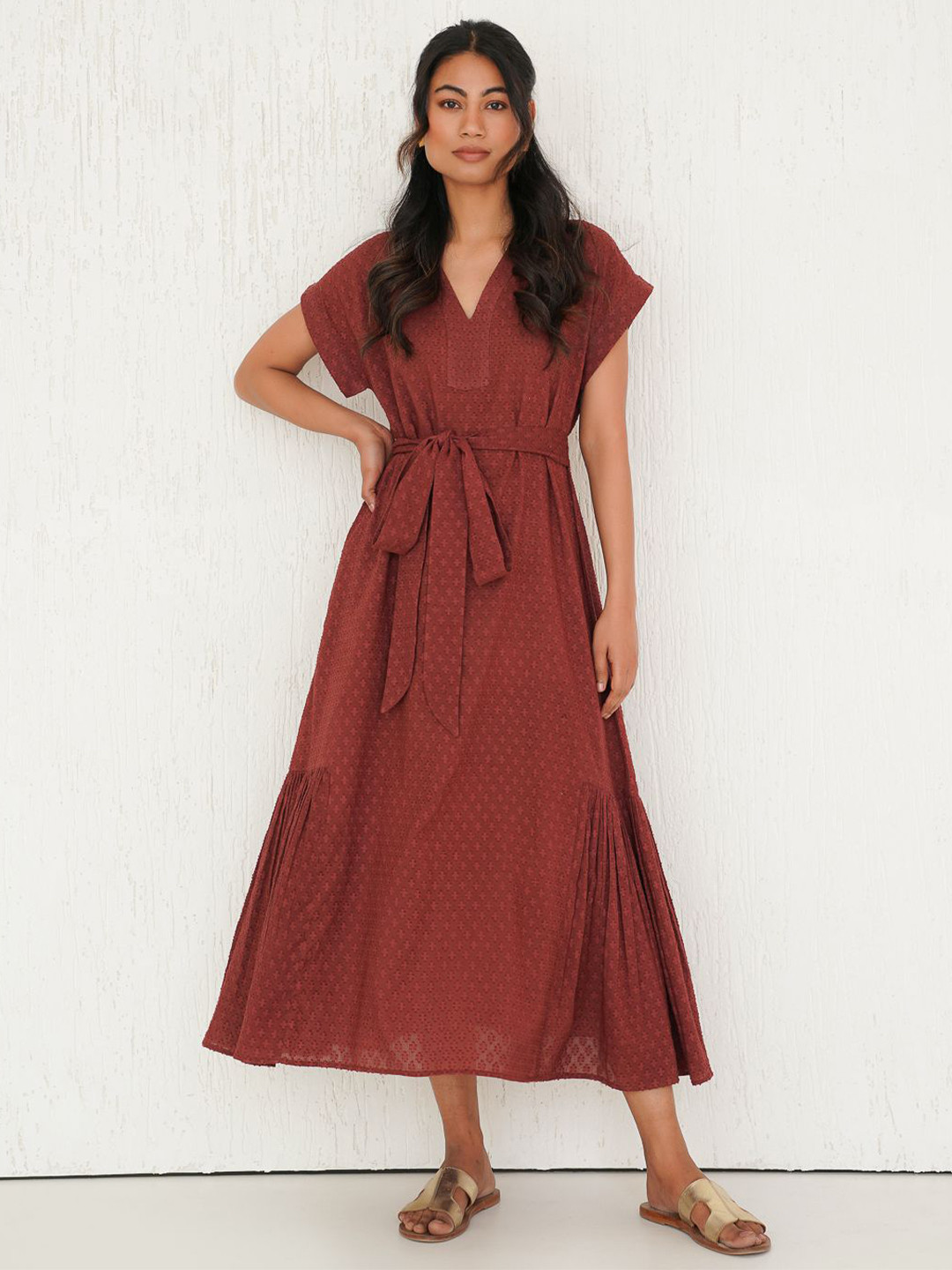Tailor Didi Self Design Cotton Fit & Flare Midi Dress