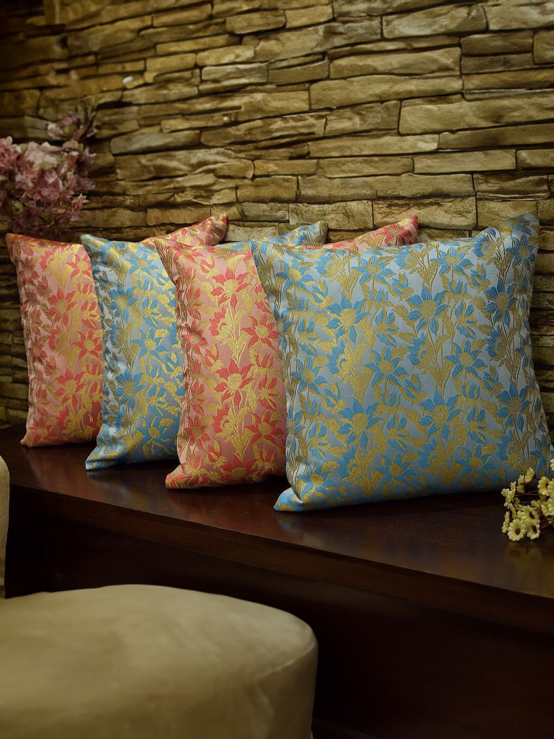 RoyalDeco Bageecha Blue & Coral 4 Pieces Ethnic Motifs Brocade Silk Square Cushion Covers