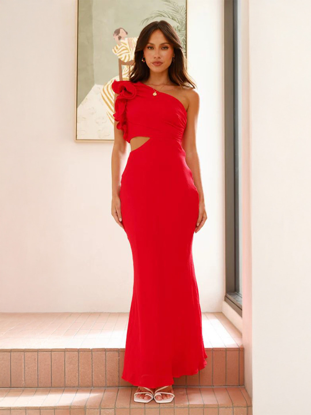 bebe Red One-shoulder Ruffle Side Cutout Maxi Dress