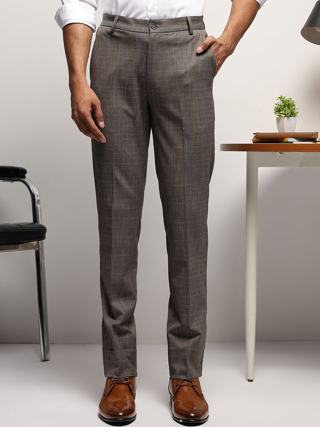SUBTRACT Men 4 Way Stretch Flex Waist Checked Slim Fit Formal Trousers