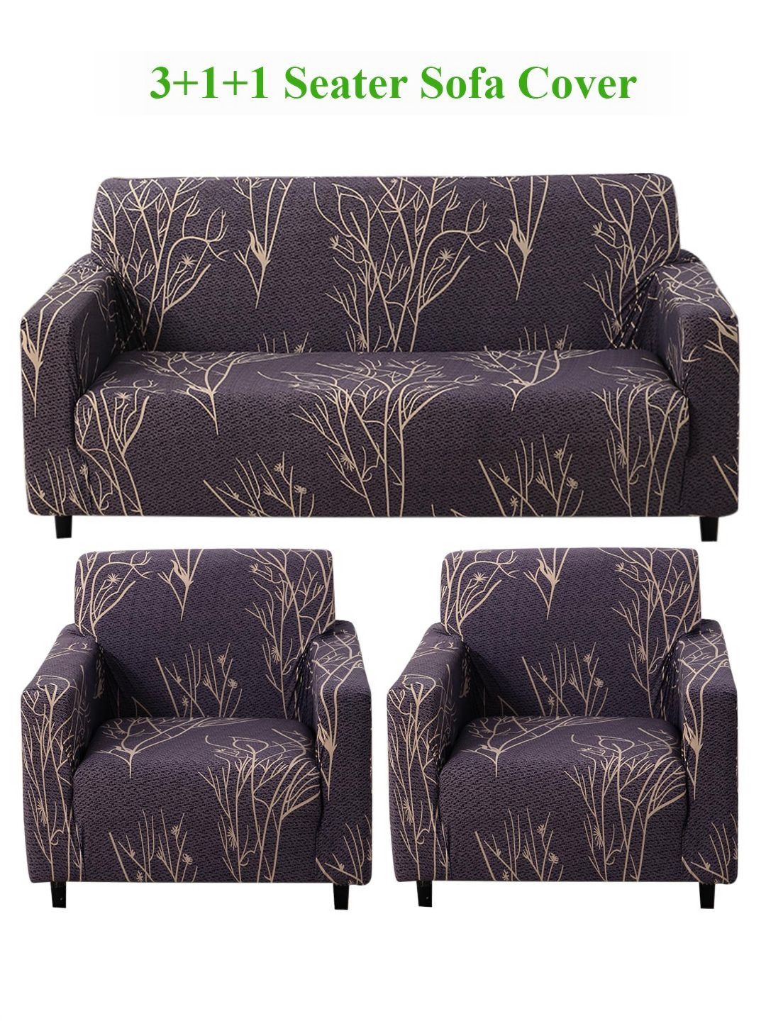 HOKIPO Dark Coffee Twigs Print 5 Seater Fully Covered Stretchable Sofa Cover