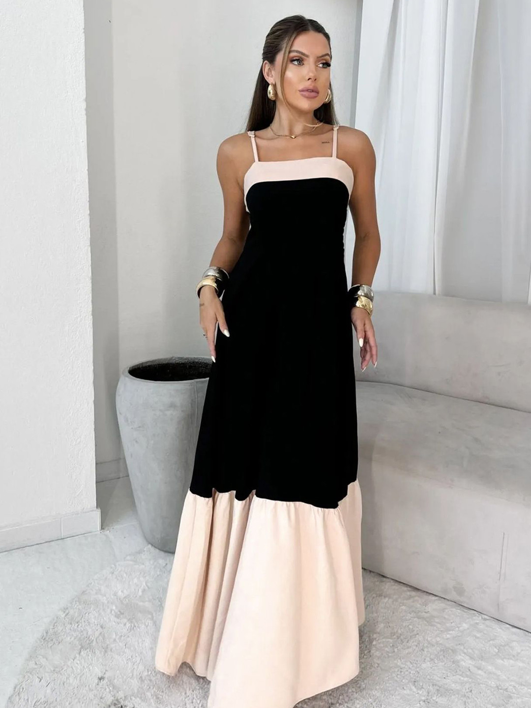 bebe Colorblock Black and cream Spaghetti Strap Ruffle Hem Maxi Dress