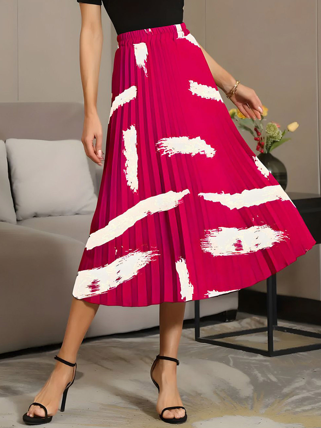 LookShine Printed Pleated A-Line Midi Skirt