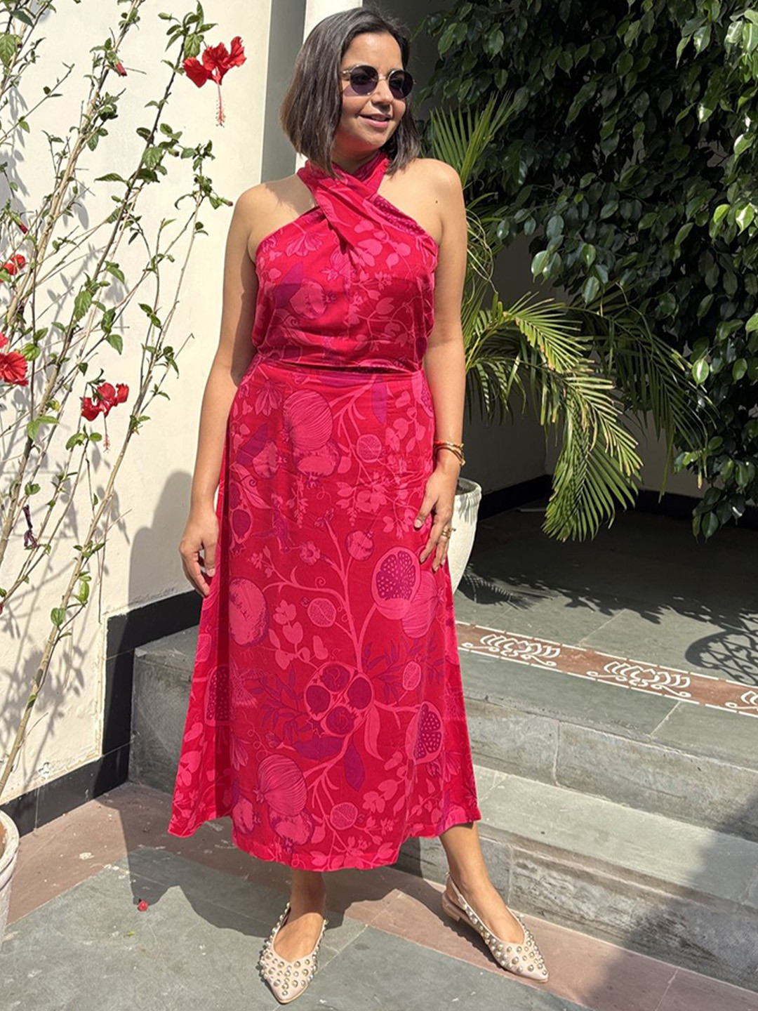 Label Tanvee Pomegranate Printed A- Line Midi Skirt