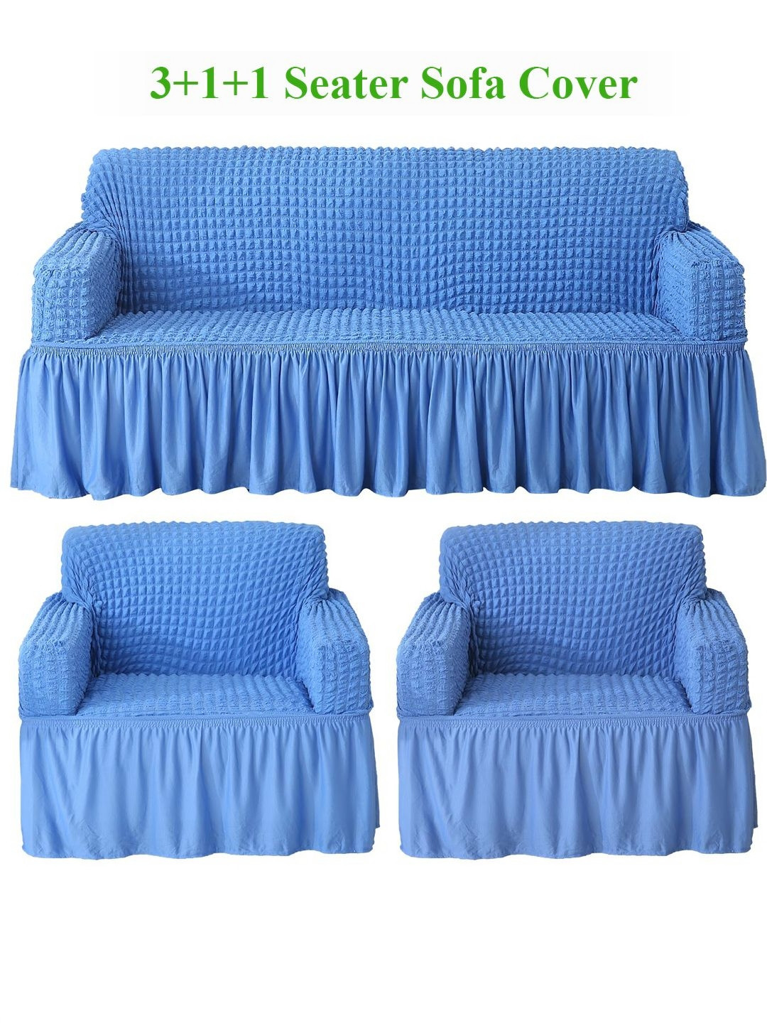HOKIPO Sky Blue Solid 5 Seater Fully Covered Stretchable Sofa Cover