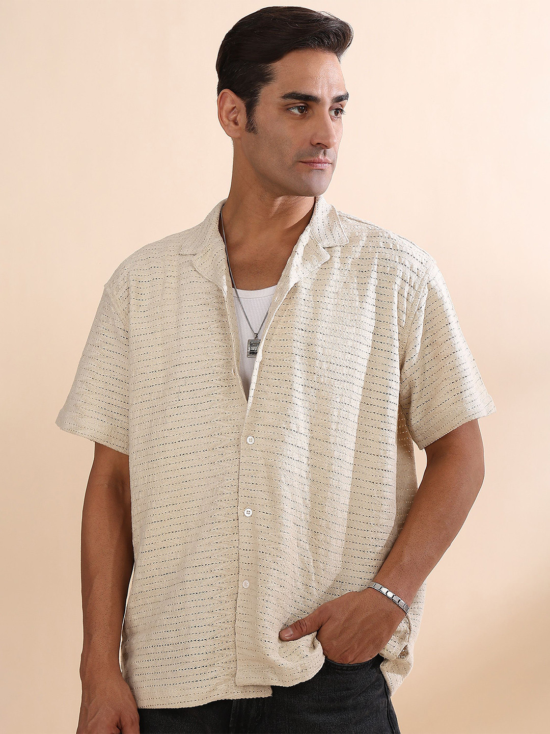 The Roadster Lifestyle Co Diagonal Wave Pure Cotton Cuban Collar Half Sleeve Crochet Shirt