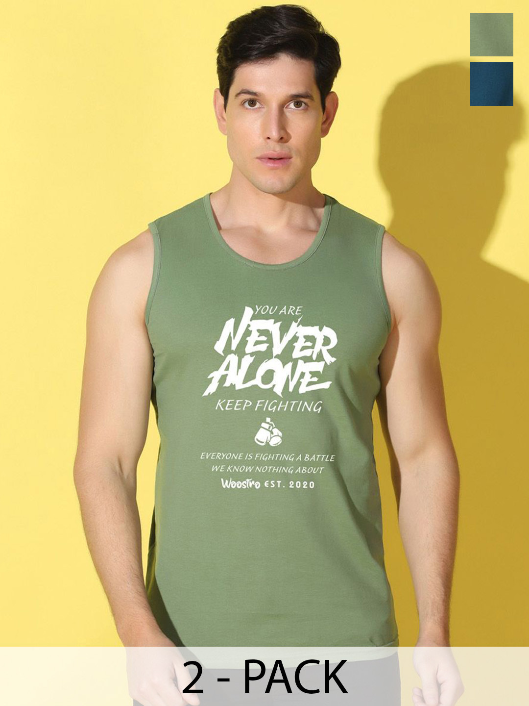 WOOSTRO Pack Of 2 Printed Super Combed Cotton Gym Ves VWS26(ALONE LGTGREEN)(BKLN PEACOCK)