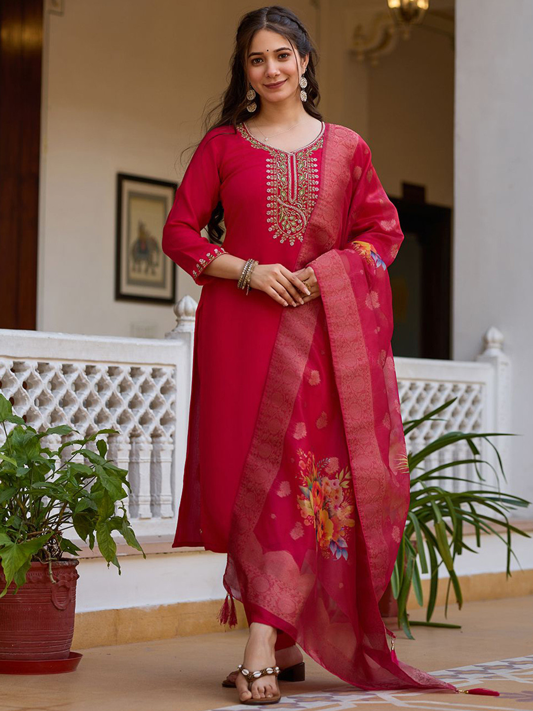 CaniBani Yoke Design Straight Chanderi Silk Kurta With Trousers & Dupatta