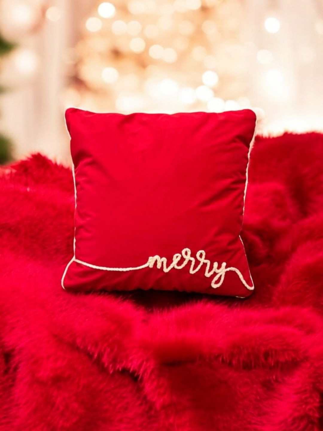 LUSHLYF Festive Red & White Embroidered Velvet Square Cushion Covers