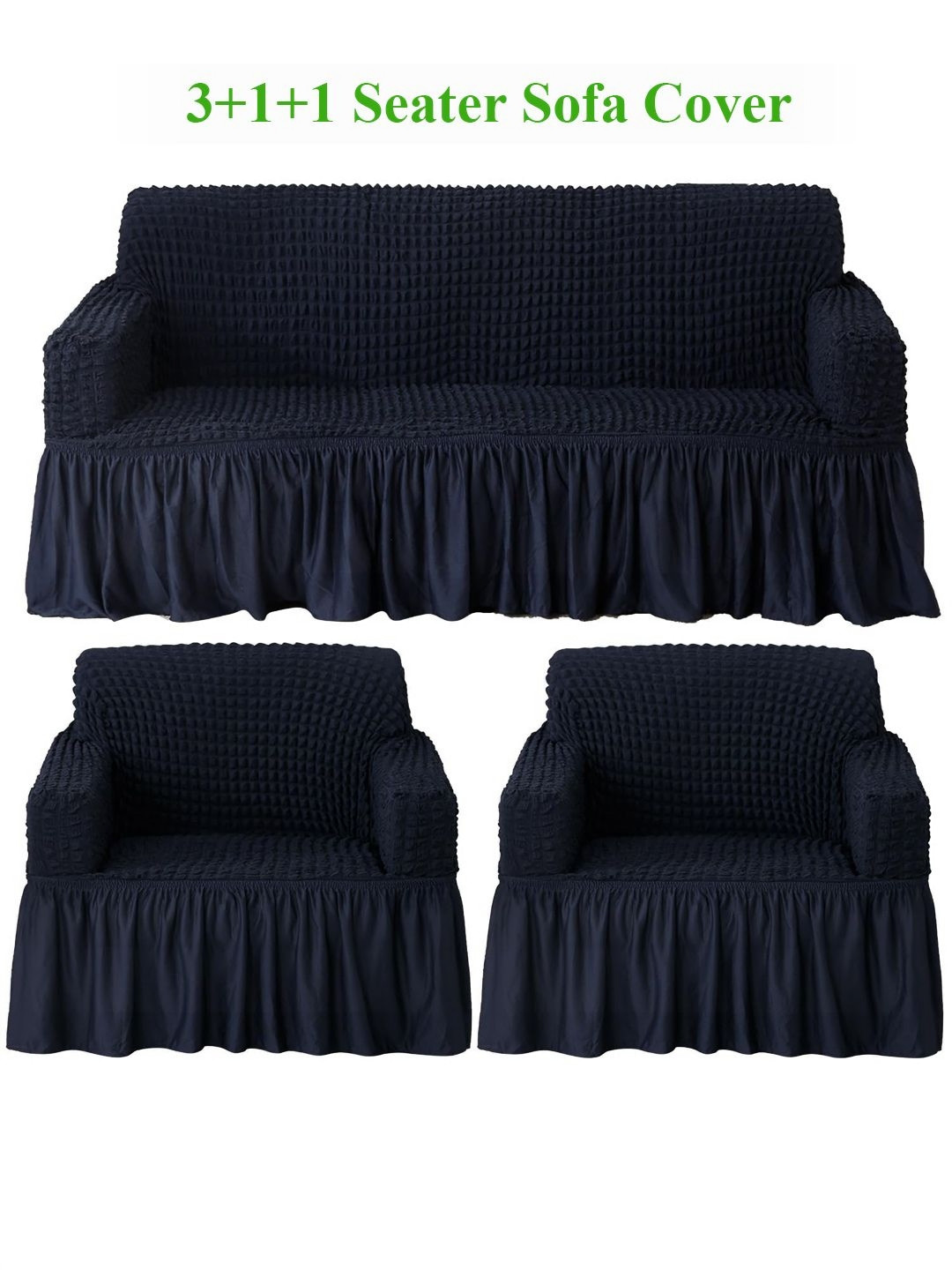 HOKIPO Navy Blue Solid 5 Seater Fully Covered Stretchable Sofa Cover
