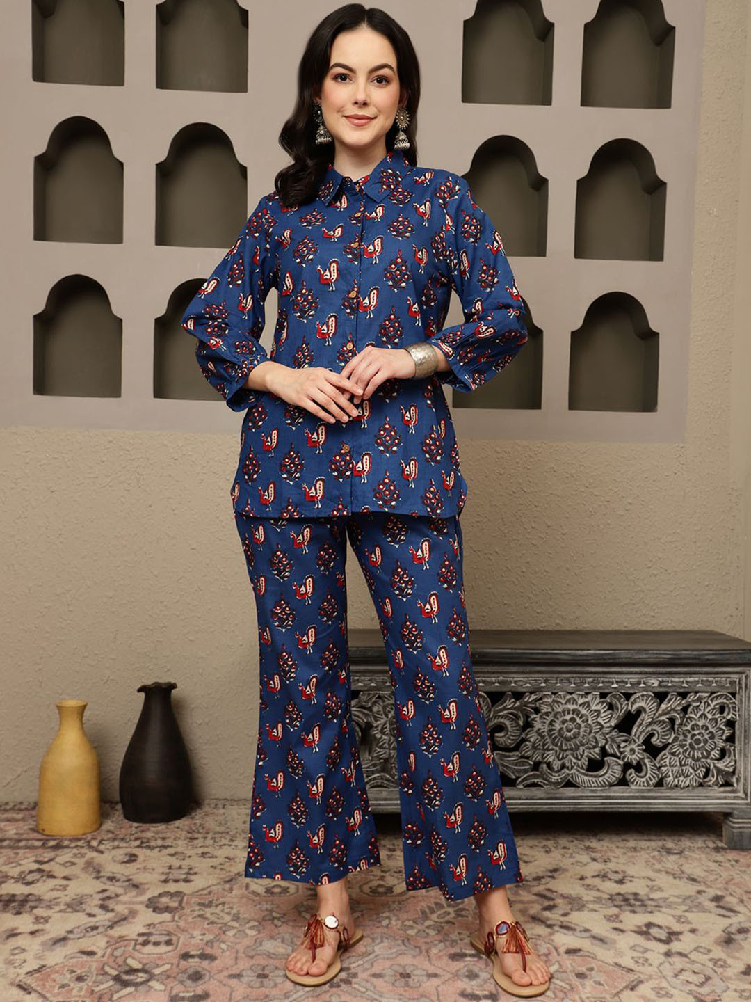 Zenava by Myntra Printed Pure Cotton Shirt With Trousers Co-Ords