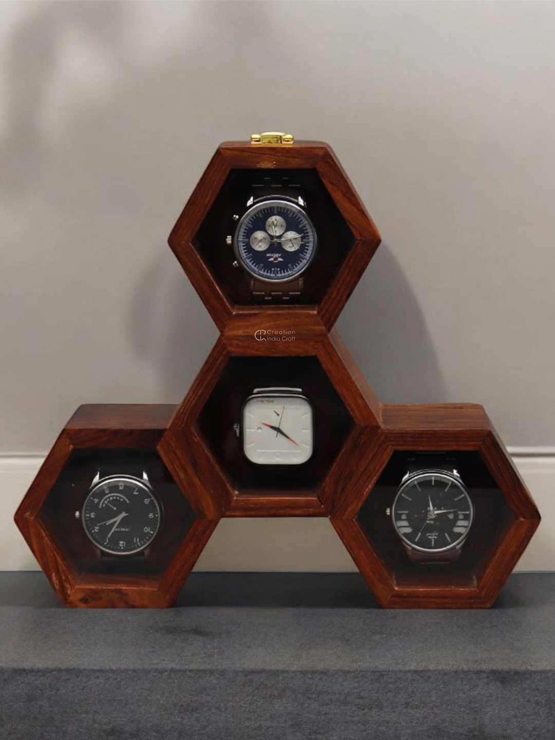 Creation India Craft Brown Wooden 4-Slot Vintage Watch Box