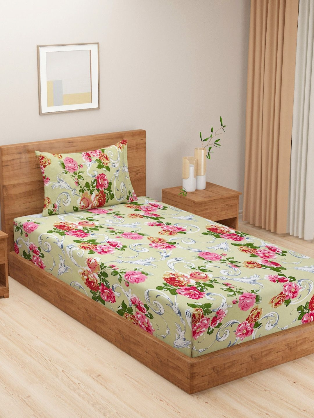 SWAYAM Baby Pink Floral 210 TC Pure Cotton Single Bedsheet & 1 Pillow Covers