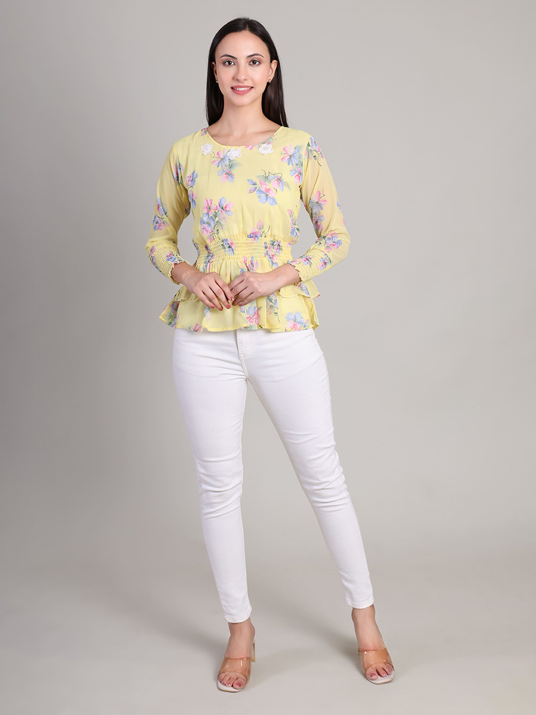 DELIS Floral Print Georgette Cinched Waist Top
