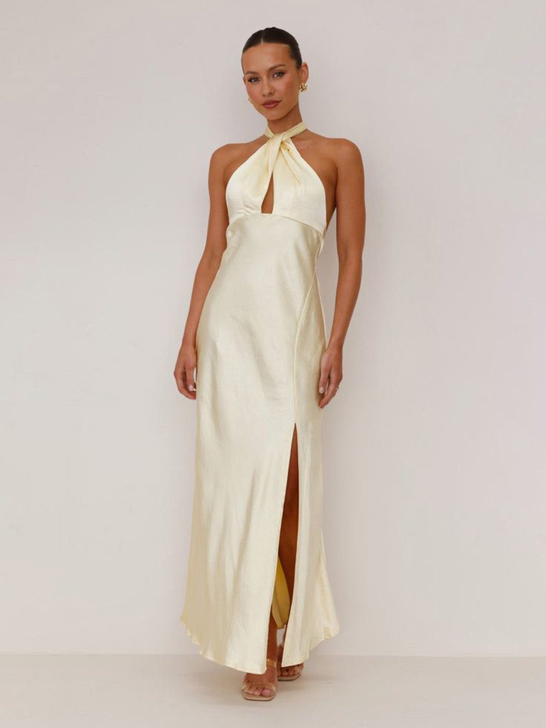 bebe Yellow Halter Neck Backless Maxi Dress with side slit