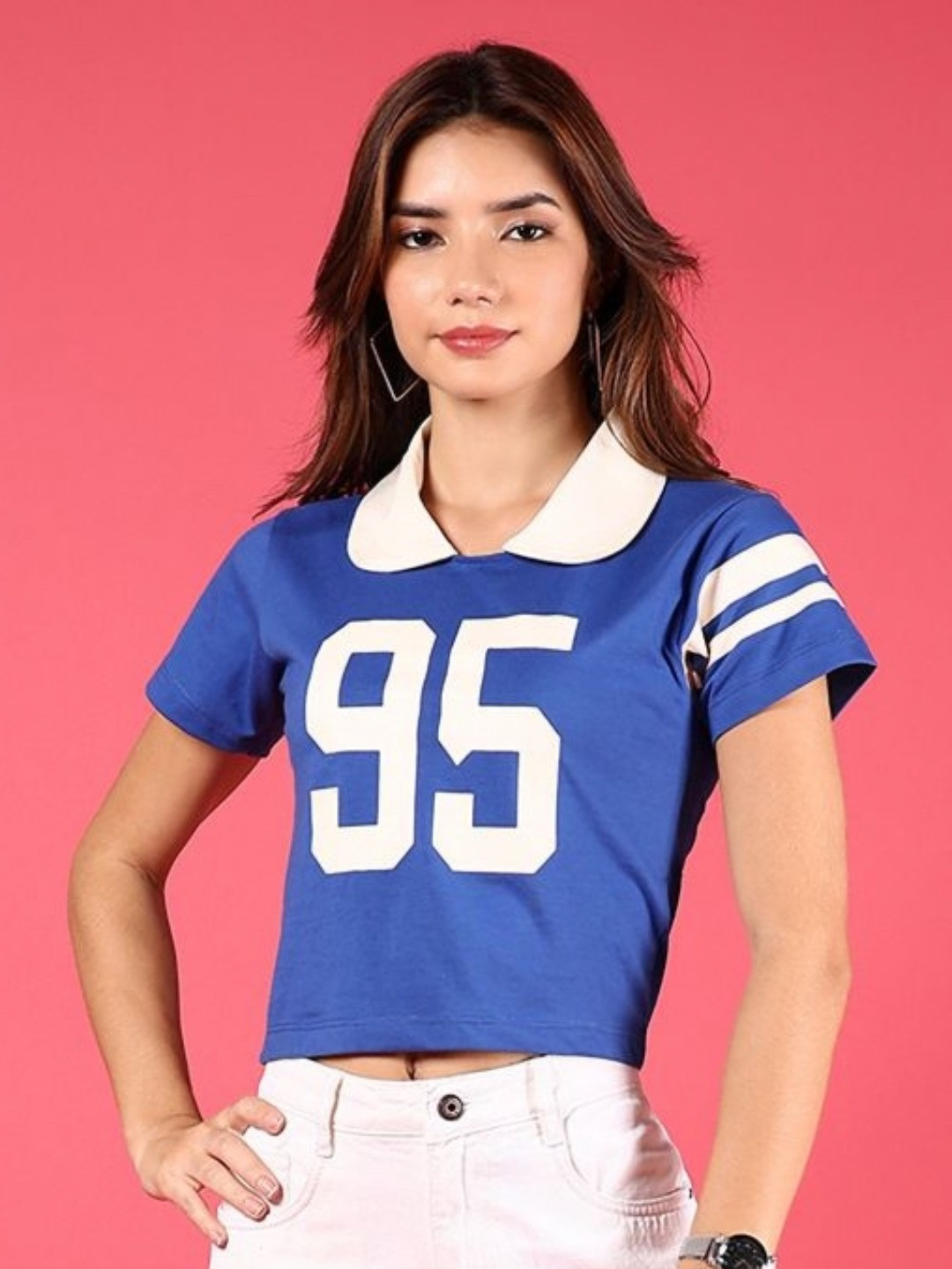 LIMEROAD Women Printed Polo Collar Extended Sleeves Pockets T-shirt