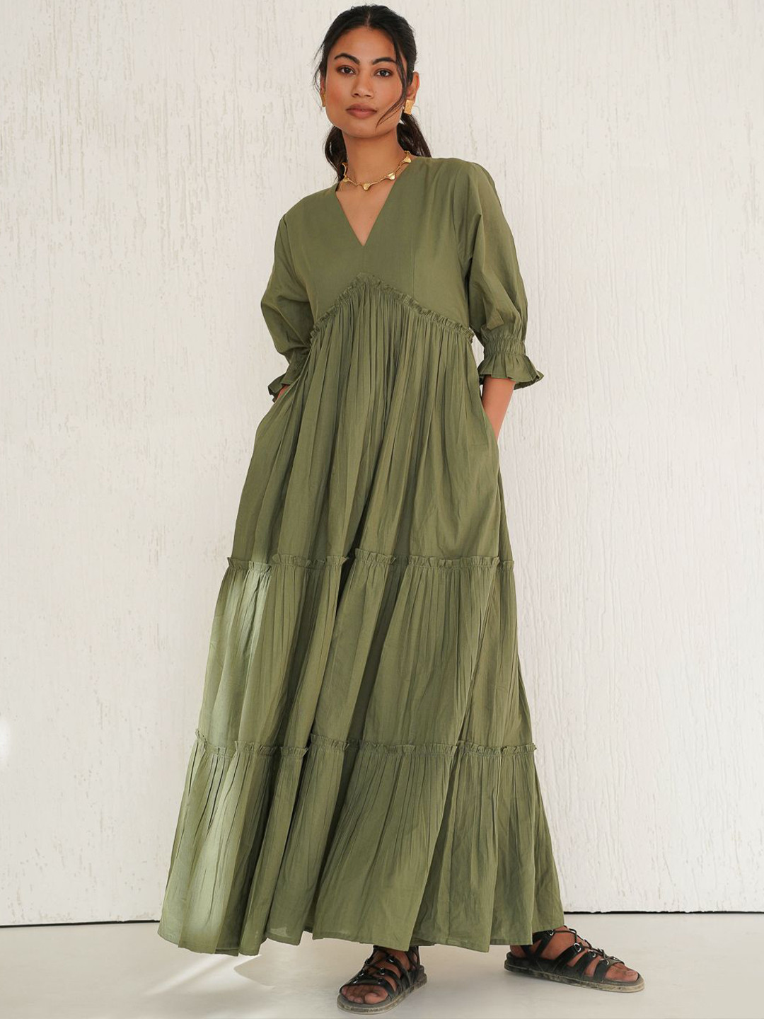 Tailor Didi Women V-Neck Bell Sleeves Tiered Empire Maxi Dress