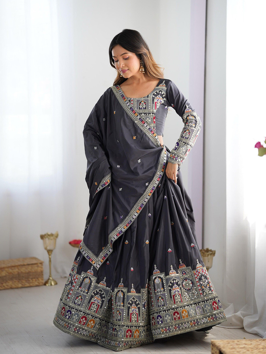 LeeliPeeri Designer Embroidered Sequinned Semi-Stitched Lehenga & Unstitched Blouse With Dupatta