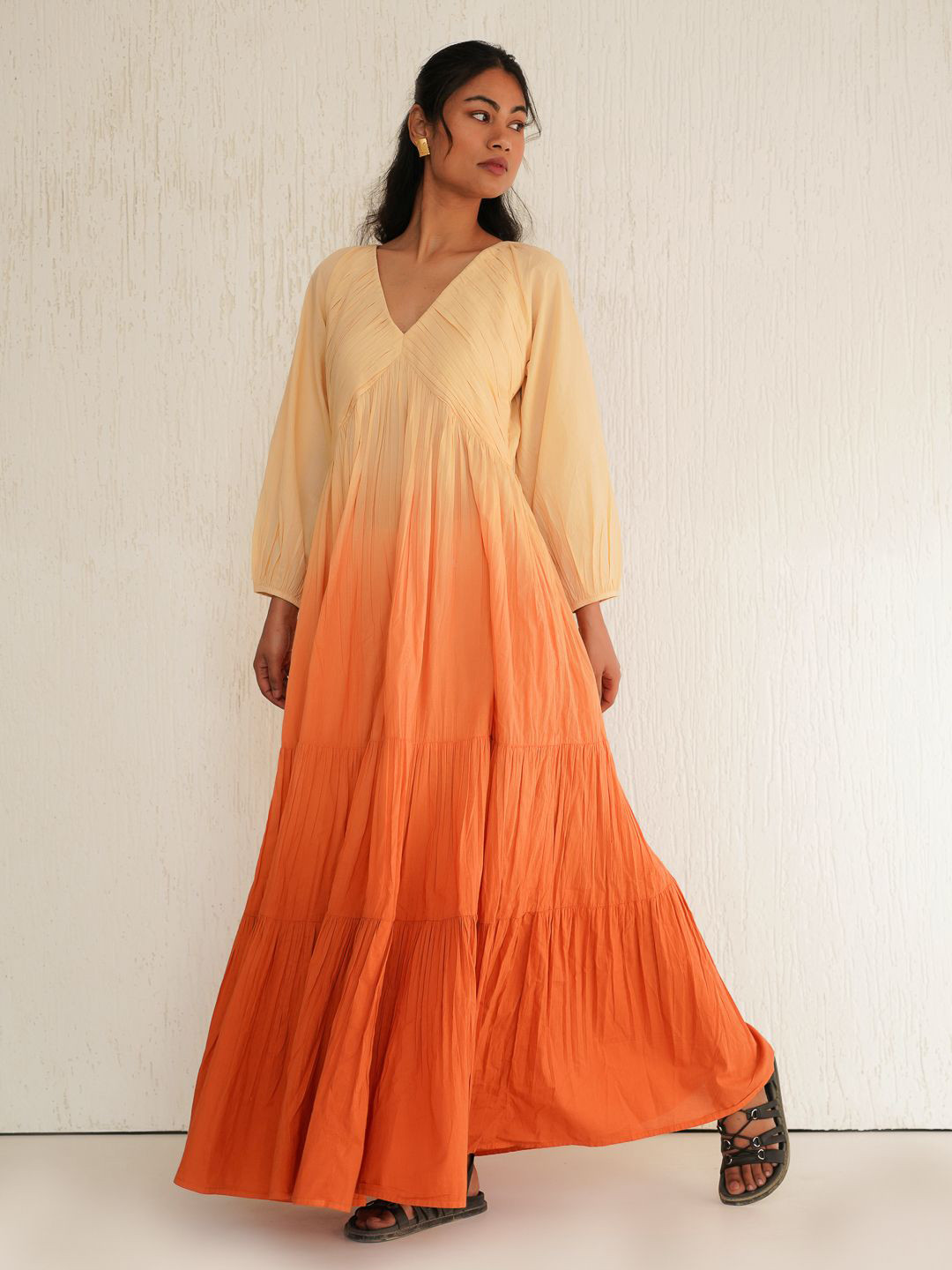 Tailor Didi Dyed Bishop Sleeve Layered Organic Cotton Empire Maxi Dress