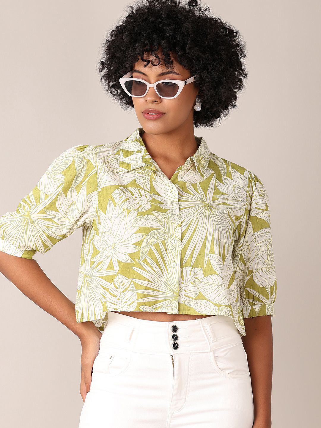 LIMEROAD Tropical Print Puff Sleeve Cotton Top
