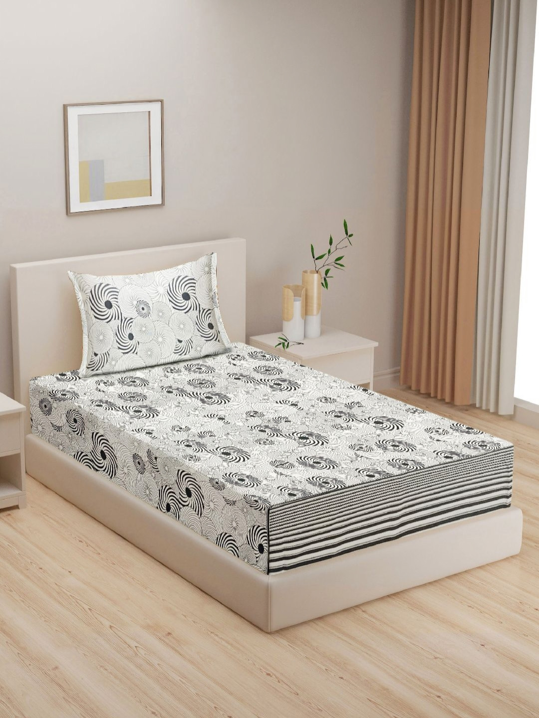 SWAYAM White Abstract Cotton 160 TC Single Bedsheet with 2 Pillow Covers-90 x 59 inches
