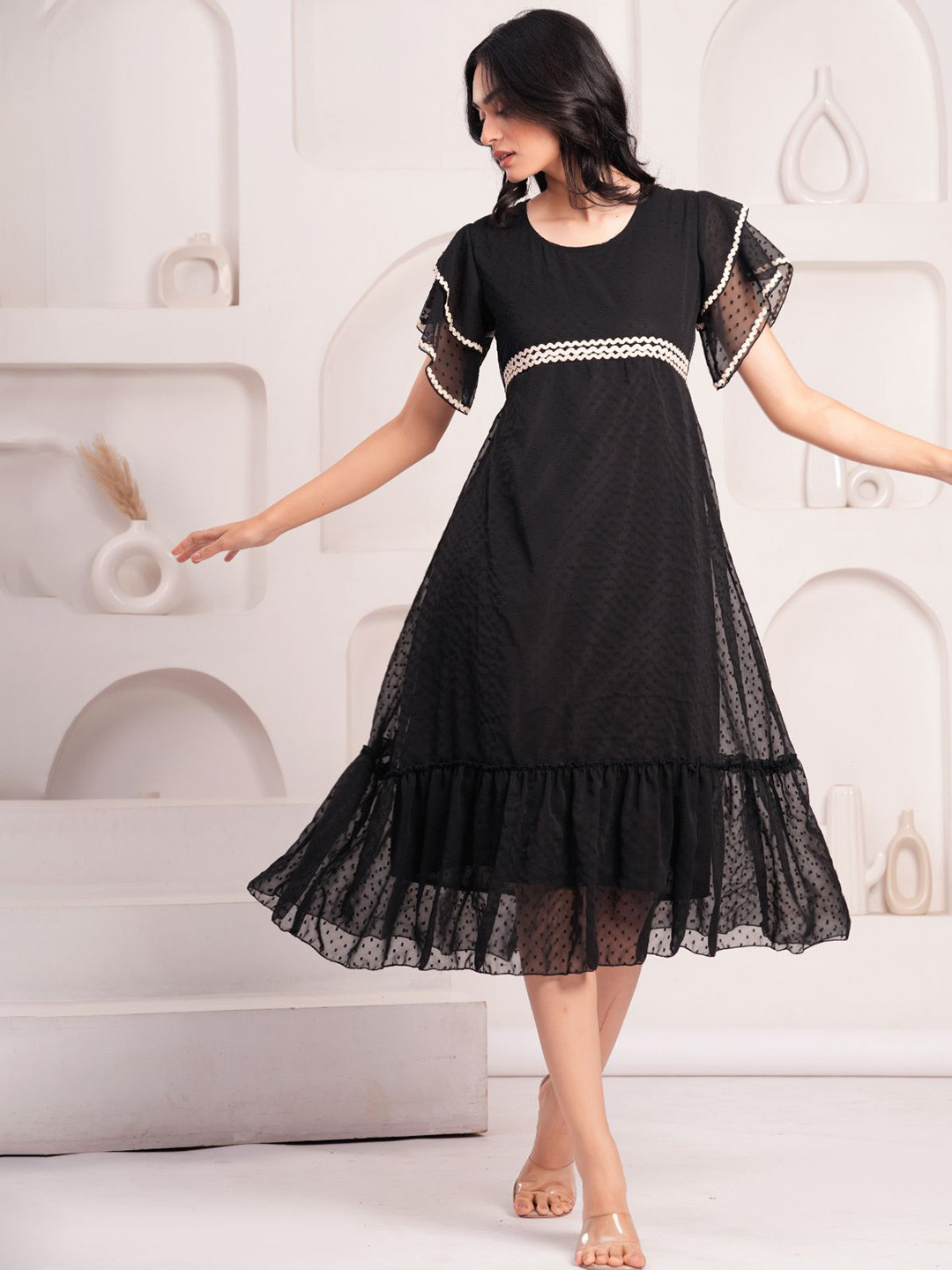 JC4U Women Round Neck Flared Sleeves Empire Dress