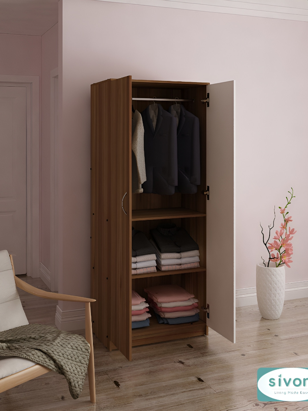 SIVOM Brown & White Engineering Wood Termite Resistant Multipurpose 2 Door Wardrobe