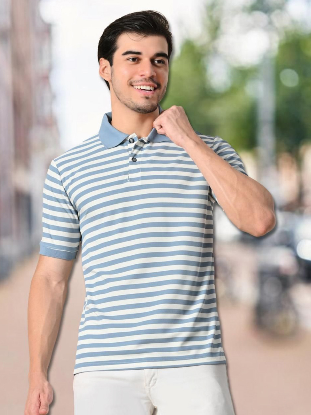 Unicus Apparel Men Striped Polo Collar Pockets T-shirt