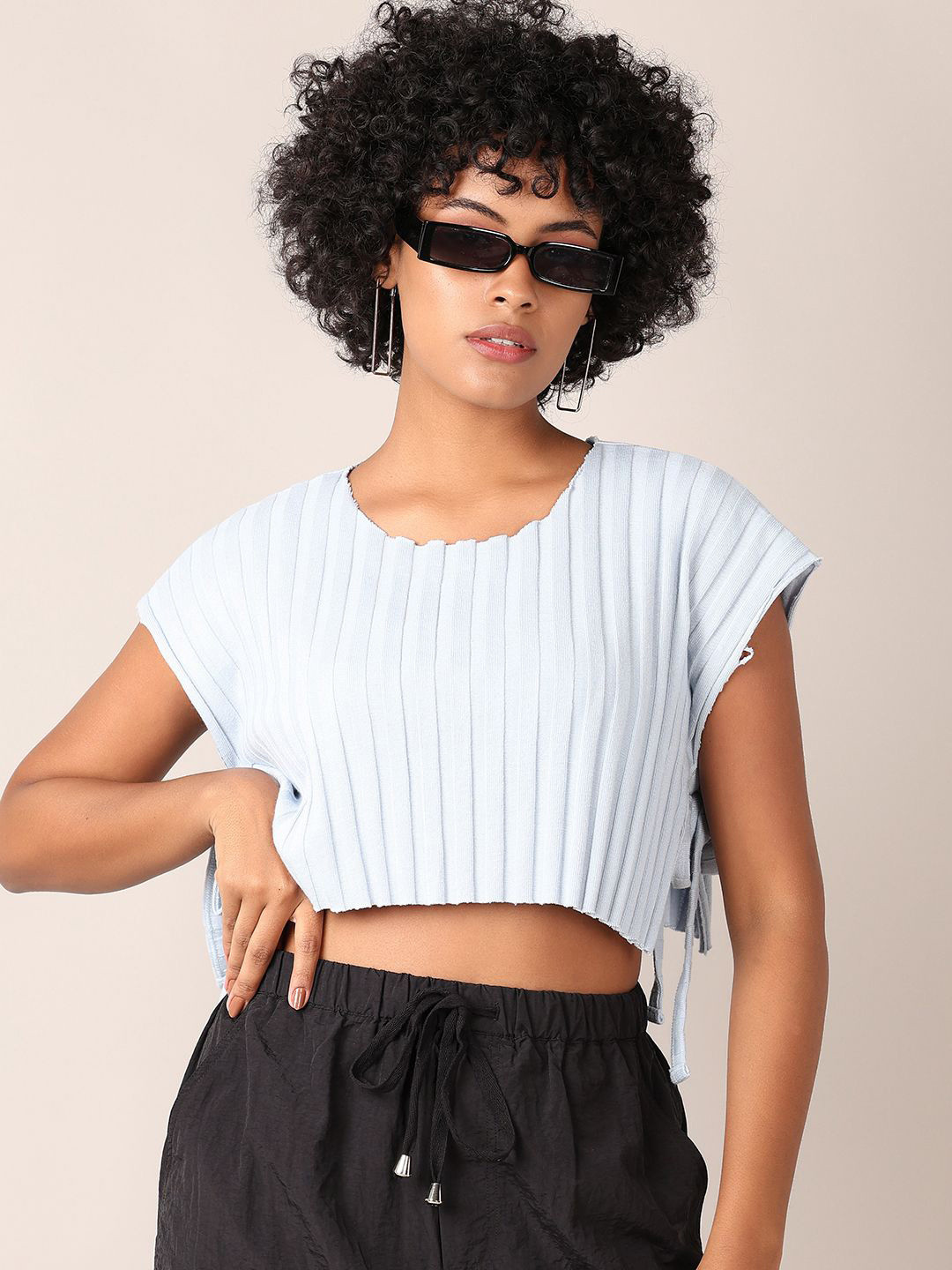 LIMEROAD Self Design Extended Sleeves Cotton Crop Top