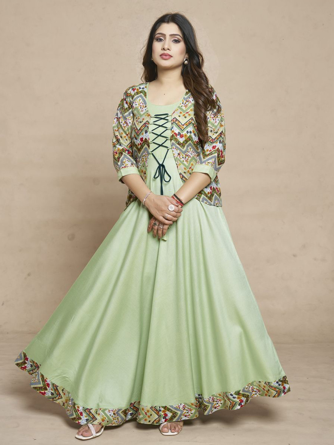 MEESORRA Printed Round  Ethnic Dresses With Koti jacket